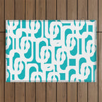 Mid-century Modern Abstract Turquoise and White Loop Pattern Outdoor Rug Gallery Image 1