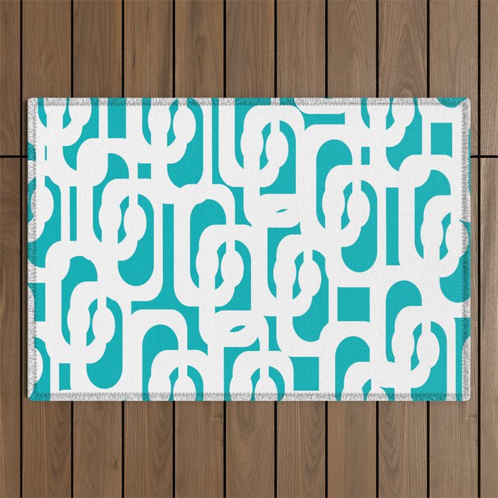 Mid-century Modern Abstract Turquoise and White Loop Pattern Outdoor Rug Gallery Image 1