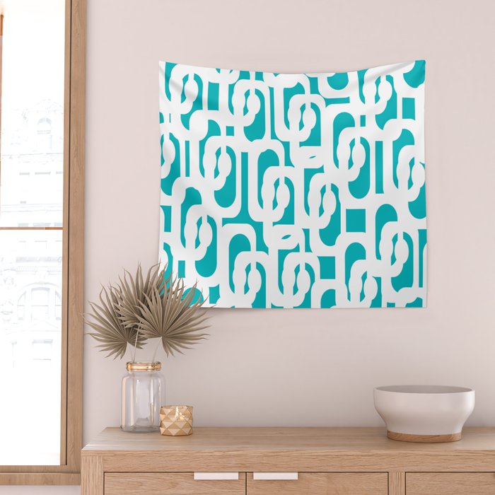 Mid-century Modern Abstract Turquoise and White Loop Pattern Wall Tapestry Gallery Image 2