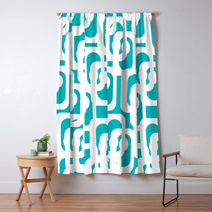 Mid-century Modern Abstract Turquoise and White Loop Pattern Window Curtain Gallery Image 5