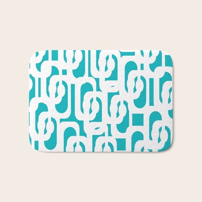 Mid-century Modern Abstract Turquoise and White Loop Pattern Bath Mat Gallery Image 1