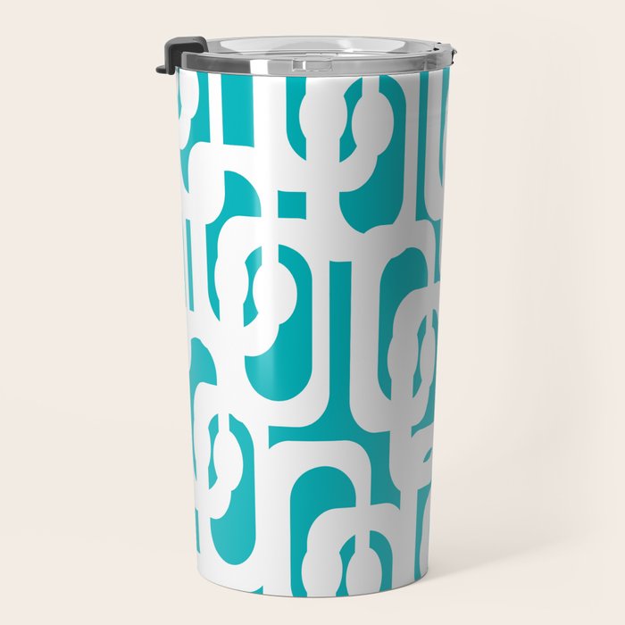 Mid-century Modern Abstract Turquoise and White Loop Pattern Travel Mug Gallery Image 3