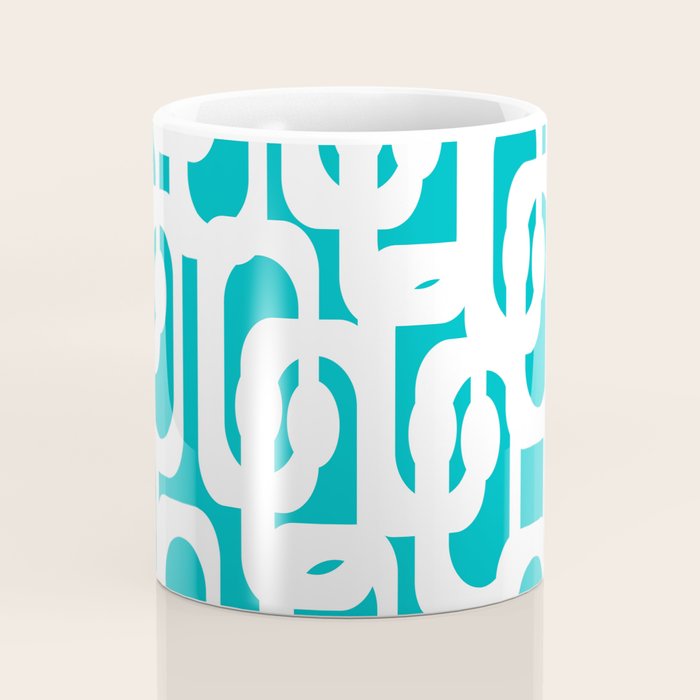 Mid-century Modern Abstract Turquoise and White Loop Pattern Coffee Mug Gallery Image 4