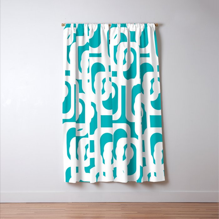 Mid-century Modern Abstract Turquoise and White Loop Pattern Window Curtain Gallery Image 3