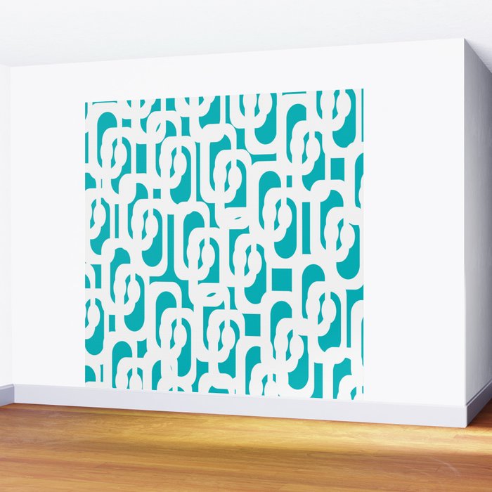 Mid-century Modern Abstract Turquoise and White Loop Pattern Wall Mural Gallery Image 2