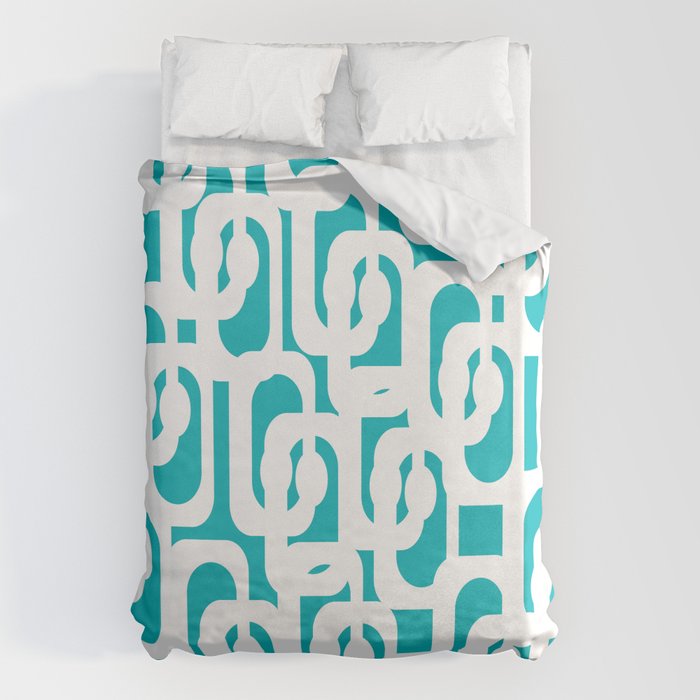 Mid-century Modern Abstract Turquoise and White Loop Pattern Duvet Cover Gallery Image 1