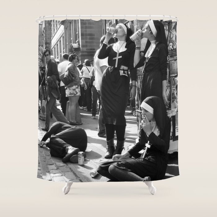 Nuns Photography Rebellious Nuns Drinking and Smoking Poster | Smoking Nuns Vintage Photo -Smoking Shower Curtain Gallery Image 1