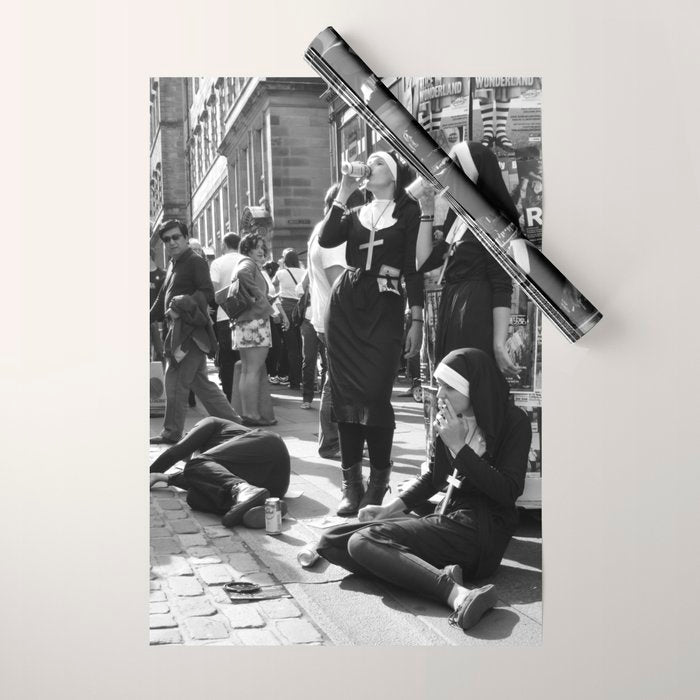 Nuns Photography Rebellious Nuns Drinking and Smoking Poster | Smoking Nuns Vintage Photo -Smoking Wrapping Paper Gallery Image 1
