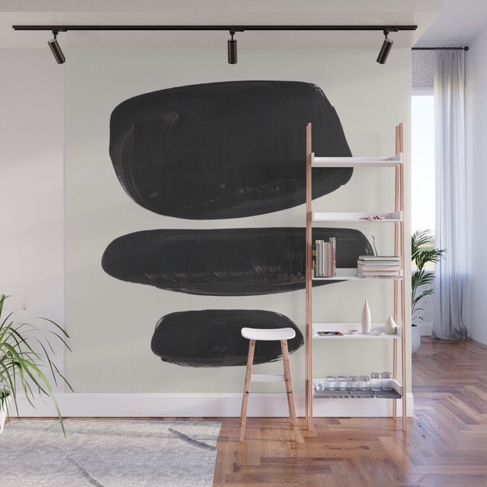 Mid Century Modern Minimalist Abstract Art Brush Strokes Black & White Ink Art Tribal Pebbles Wall Mural Gallery Image 1