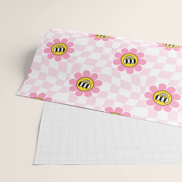 Funny retro flower cartoon checkered pattern Wrapping Paper Gallery Image 2