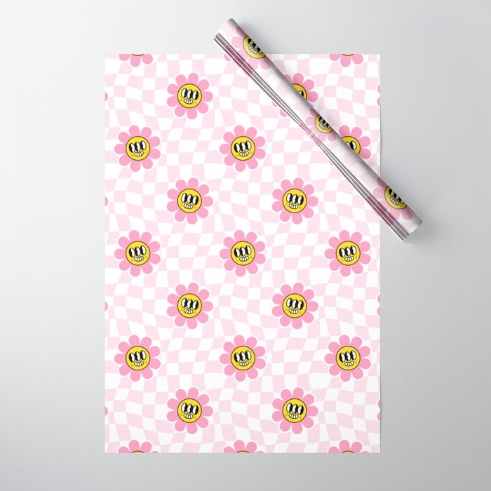 Funny retro flower cartoon checkered pattern Wrapping Paper Gallery Image 1