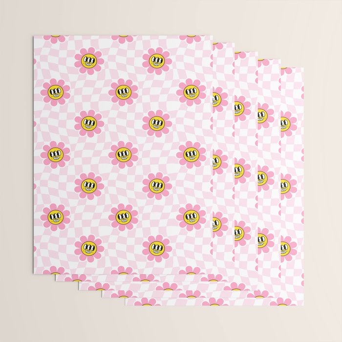 Funny retro flower cartoon checkered pattern Wrapping Paper Gallery Image 3