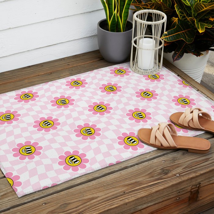 Funny retro flower cartoon checkered pattern Outdoor Rug Gallery Image 2