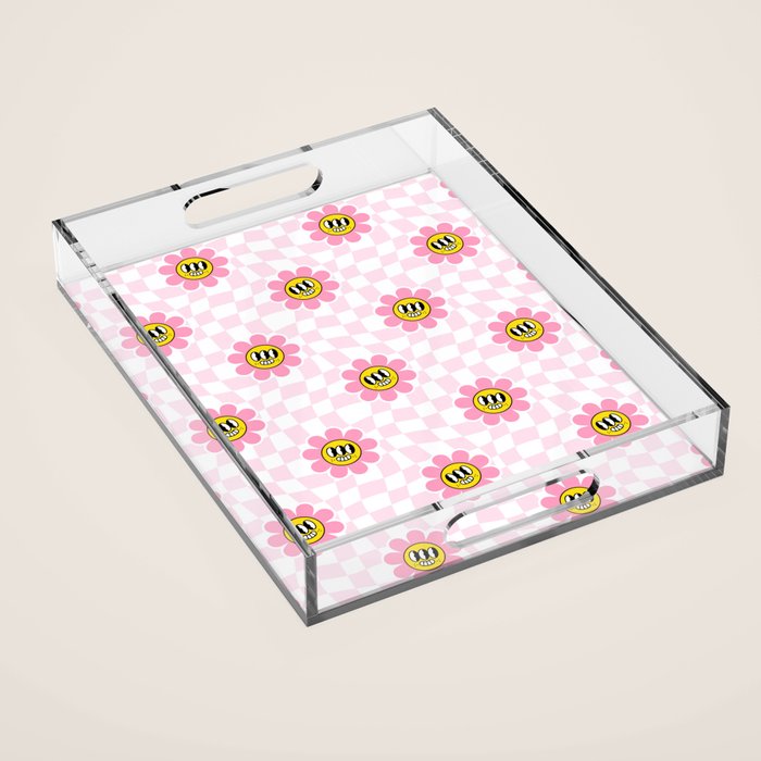 Funny retro flower cartoon checkered pattern Acrylic Tray Gallery Image 1