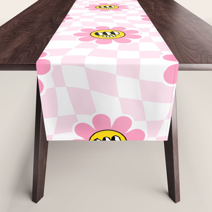 Funny retro flower cartoon checkered pattern Table Runner Gallery Image 1