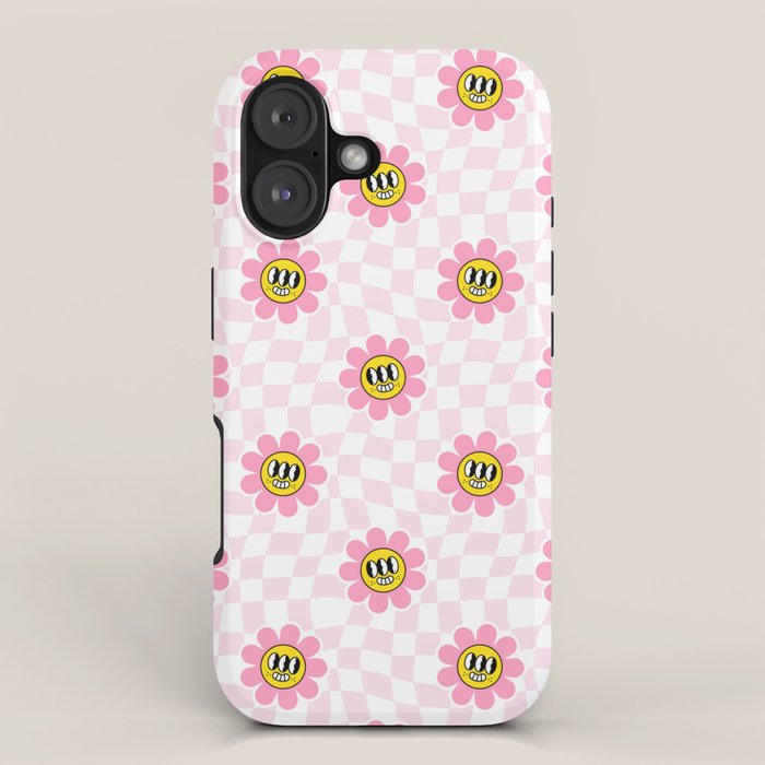 Funny retro flower cartoon checkered pattern iPhone Case Gallery Image 1