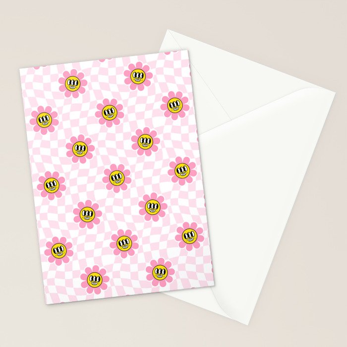 Funny retro flower cartoon checkered pattern Stationery Card Gallery Image 2