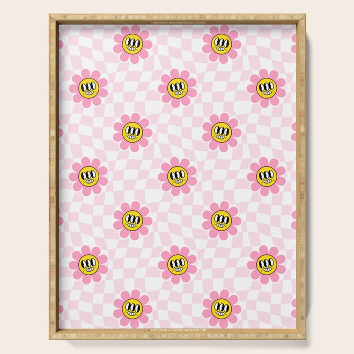 Funny retro flower cartoon checkered pattern Serving Tray Gallery Image 1