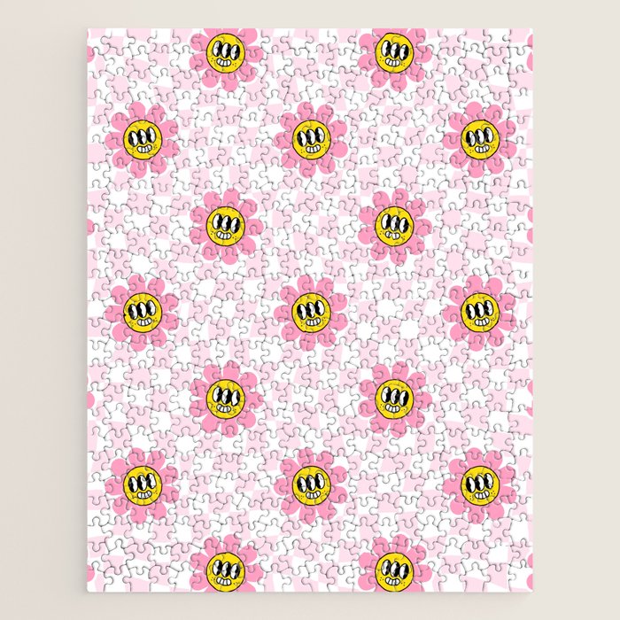 Funny retro flower cartoon checkered pattern Jigsaw Puzzle Gallery Image 1