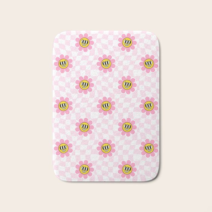 Funny retro flower cartoon checkered pattern Bath Mat Gallery Image 1