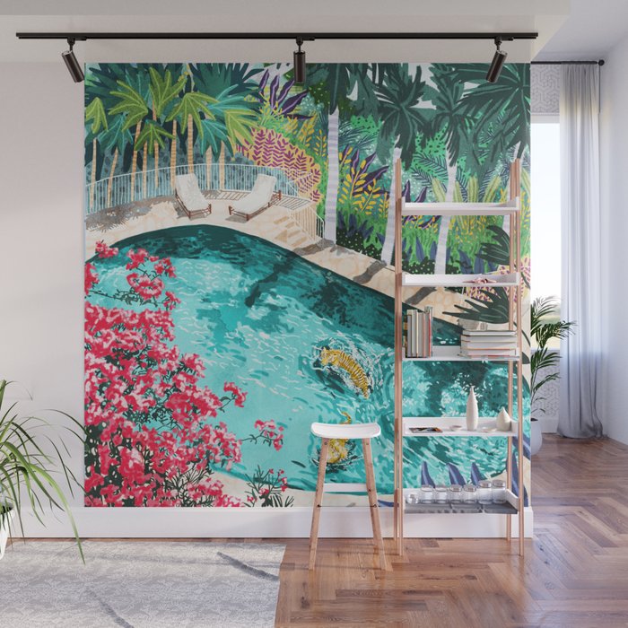 Luxury Tiger Villa illustration, Architecture Travel Nature Painting, Hotel Landscape Garden Wall Mural Gallery Image 1