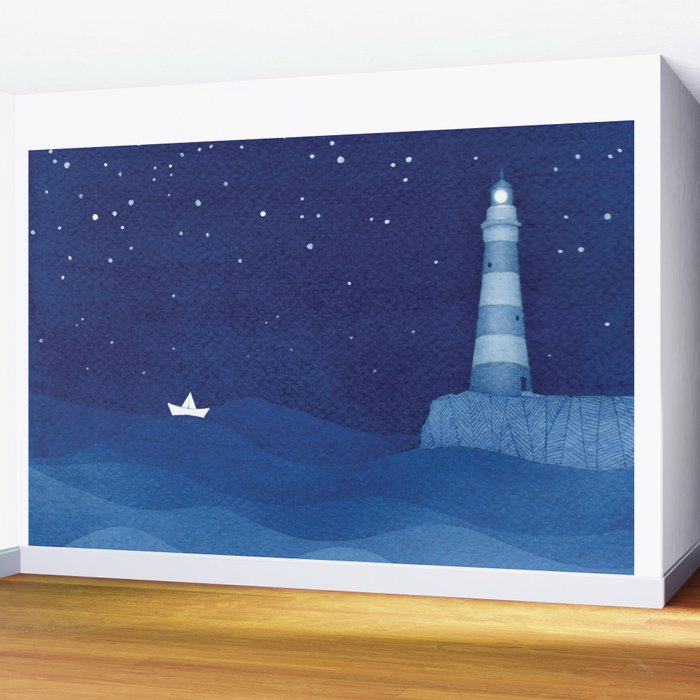 Lighthouse & the paper boat, blue ocean Wall Mural Gallery Image 2