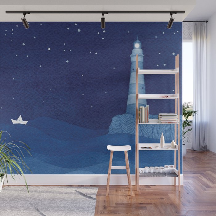 Lighthouse & the paper boat, blue ocean Wall Mural Gallery Image 1