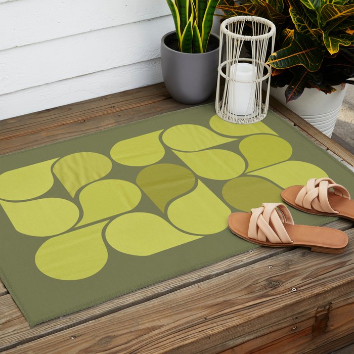 Bright Yellow Teardrop Pattern on Olive Green Outdoor Rug Gallery Image 2