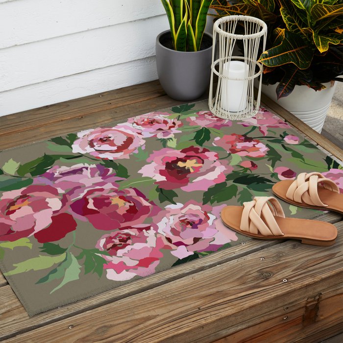 Happy peony medium gray background Outdoor Rug Gallery Image 2