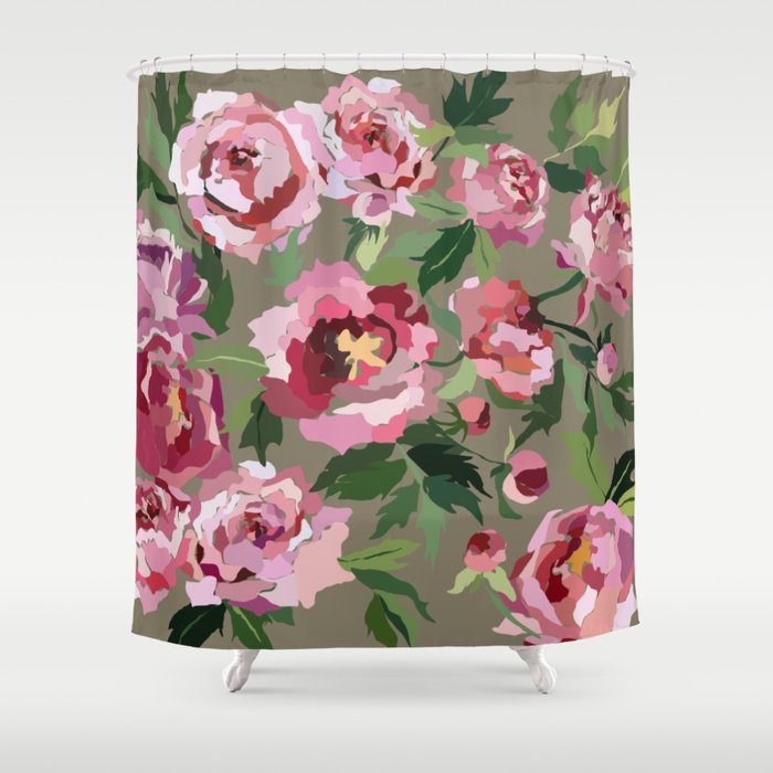Happy peony medium gray background Shower Curtain Gallery Image 1