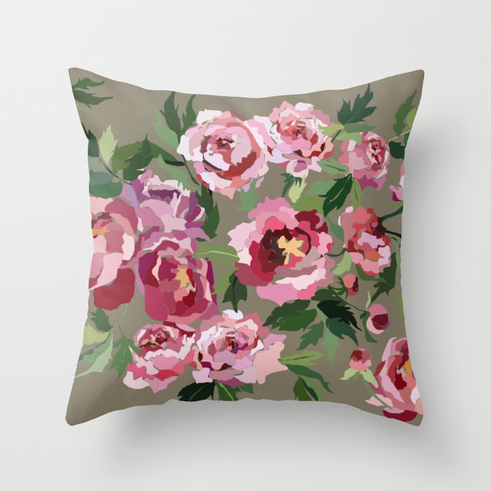 Happy peony medium gray background Throw Pillow Gallery Image 6