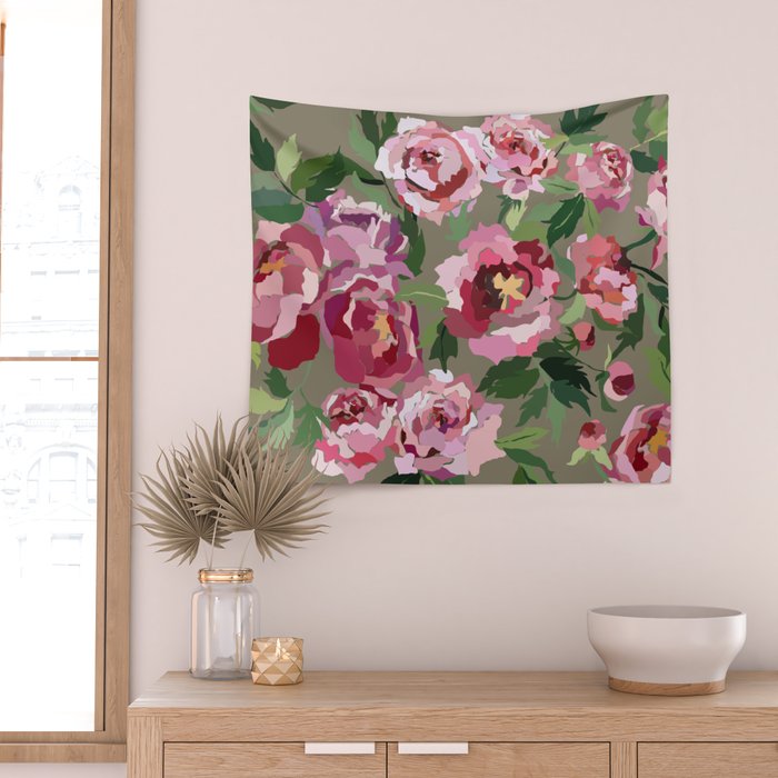 Happy peony medium gray background Wall Tapestry Gallery Image 2