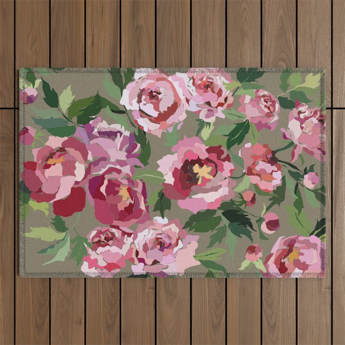 Happy peony medium gray background Outdoor Rug Gallery Image 1