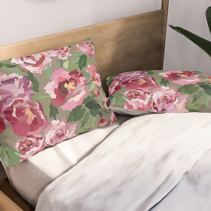Happy peony medium gray background Pillow Sham Gallery Image 2