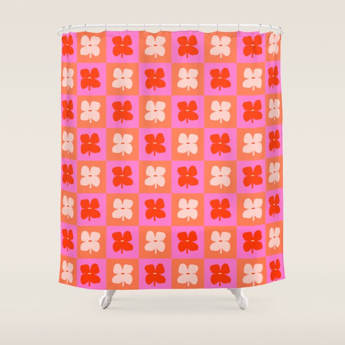 Retro Tropical Checkered Floral Pattern Shower Curtain Gallery Image 1