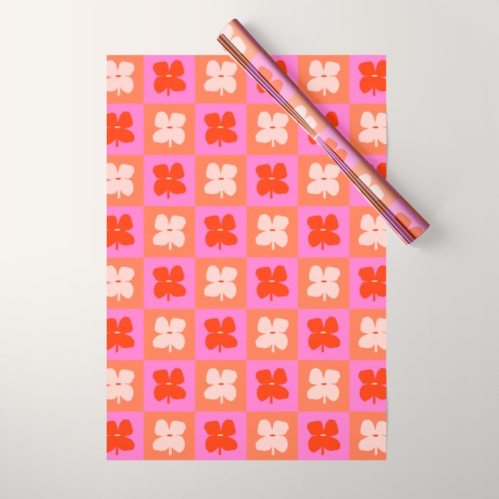 Retro Tropical Checkered Floral Pattern Wrapping Paper Gallery Image 1