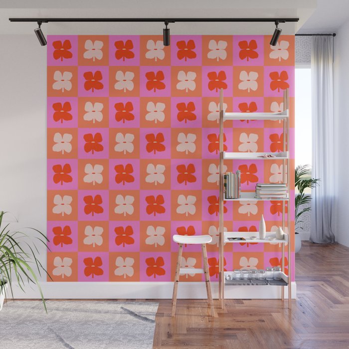 Retro Tropical Checkered Floral Pattern Wall Mural Gallery Image 1