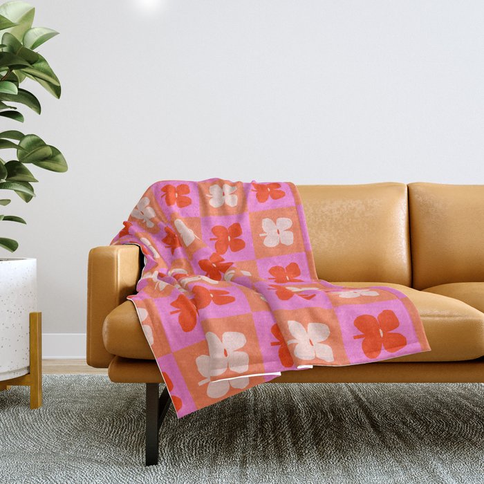 Retro Tropical Checkered Floral Pattern Throw Blanket Gallery Image 1