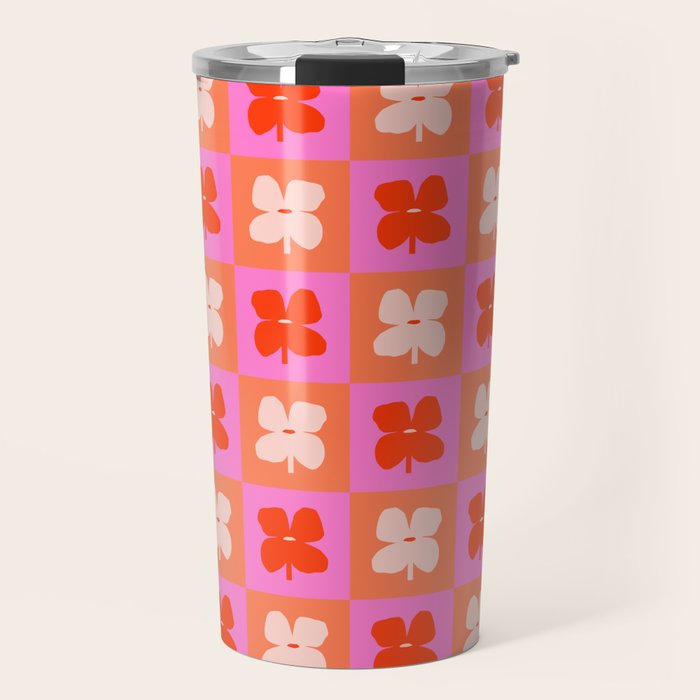 Retro Tropical Checkered Floral Pattern Travel Mug Gallery Image 1