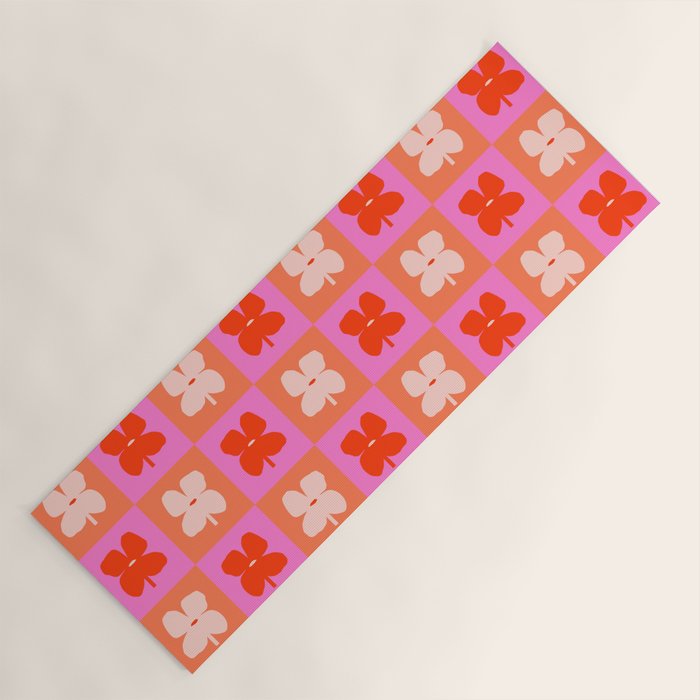 Retro Tropical Checkered Floral Pattern Yoga Mat Gallery Image 1
