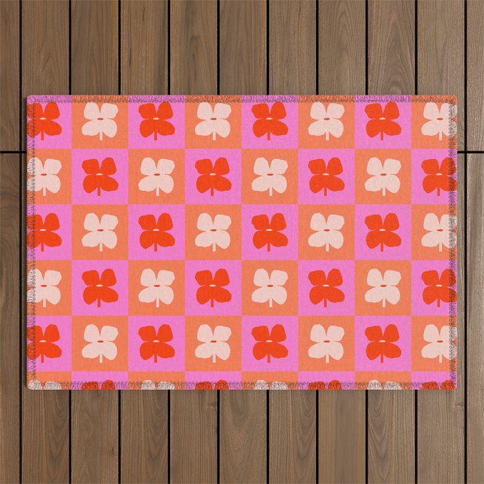 Retro Tropical Checkered Floral Pattern Outdoor Rug Gallery Image 1