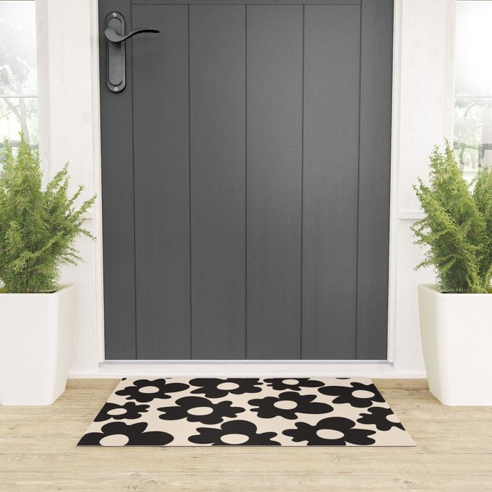 Black and White - Abstract Flower Shape - Cream Background Welcome Mat Gallery Image 3