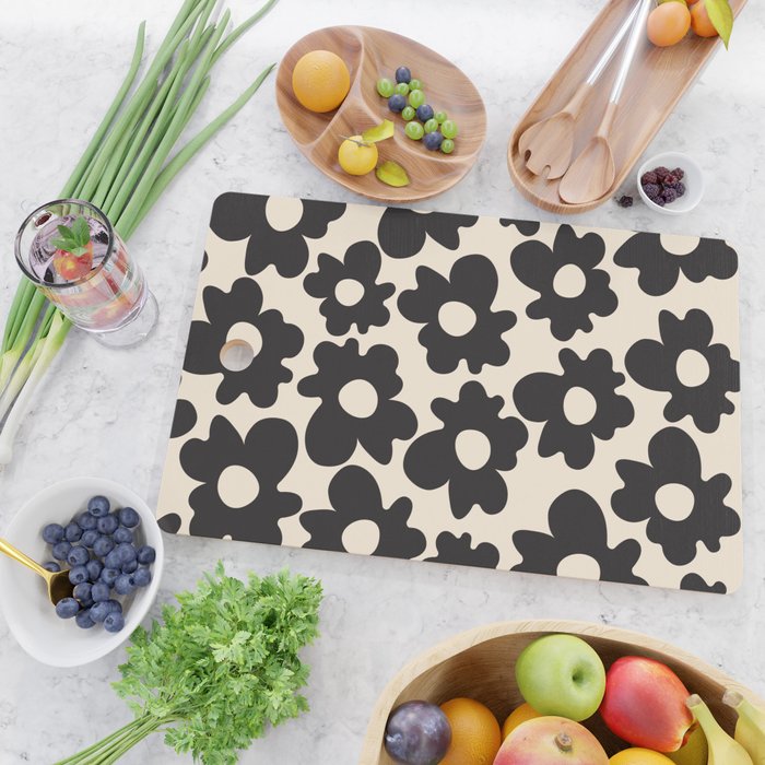 Black and White - Abstract Flower Shape - Cream Background Cutting Board Gallery Image 2