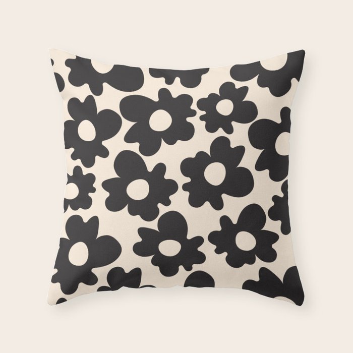 Black and White - Abstract Flower Shape - Cream Background Throw Pillow Gallery Image 1