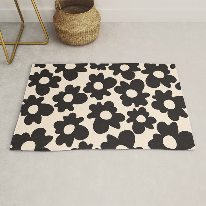 Black and White - Abstract Flower Shape - Cream Background Rug Gallery Image 1