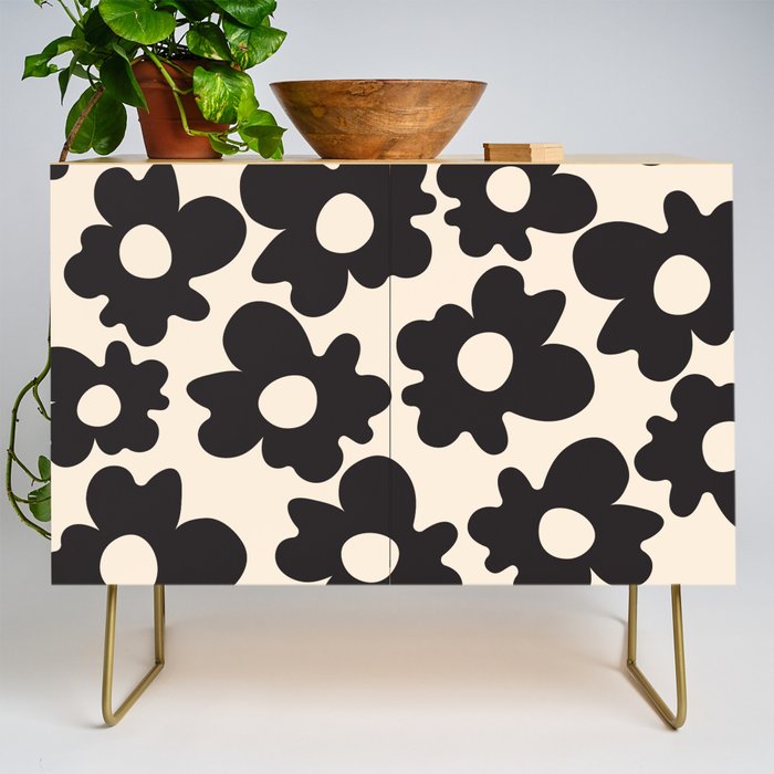 Black and White - Abstract Flower Shape - Cream Background Credenza Gallery Image 1