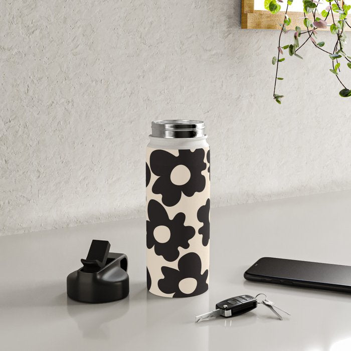 Black and White - Abstract Flower Shape - Cream Background Water Bottle Gallery Image 4