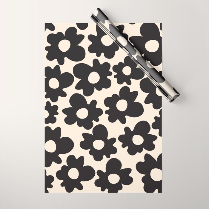 Black and White - Abstract Flower Shape - Cream Background Wrapping Paper Gallery Image 1