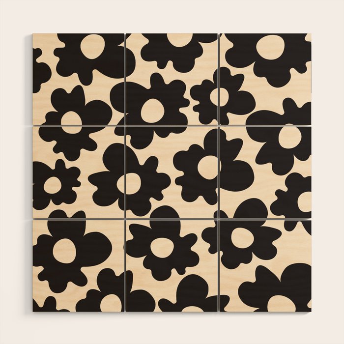 Black and White - Abstract Flower Shape - Cream Background Wood Wall Art Gallery Image 1