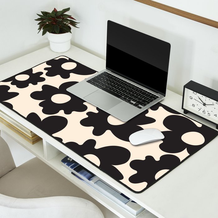 Black and White - Abstract Flower Shape - Cream Background Desk Mat Gallery Image 2